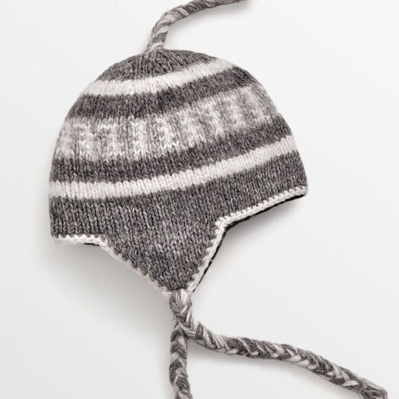 Nepalese 100% Wool Sherpa Beanie Hat Nepal Fleece Lined Gray Beige Cream Vintage - Picture 2 of 5